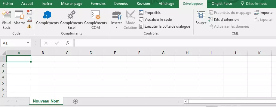 tableau avec la feuille « Nouveau Nom » après exécution de la macro RenameWorksheets.