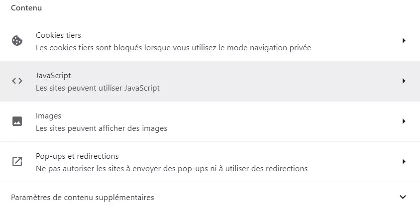 Google Chrome : paramètres de contenu