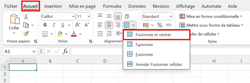 Fusionner les cellules dans Excel grâce à l’option « Fusionner et centrer »