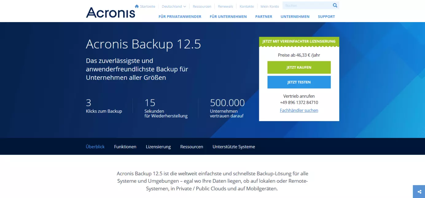 Site Web sur les produits : Acronis Backup 12.5