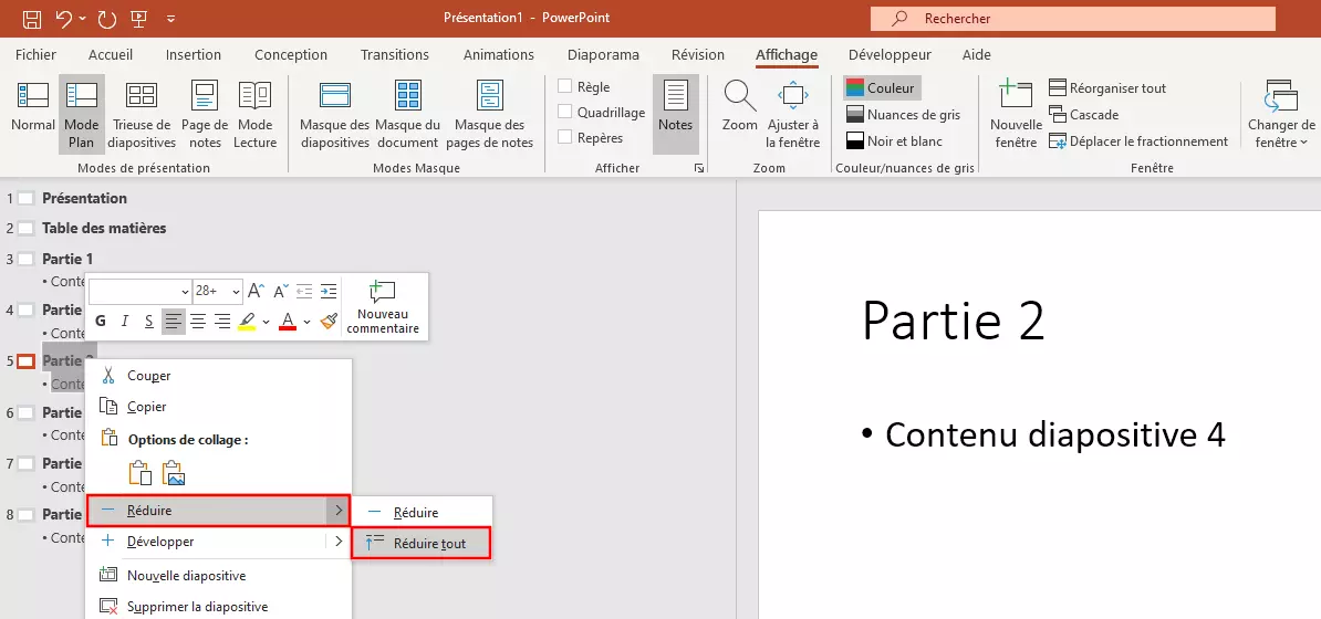 Table des matières PowerPoint : réduire tout