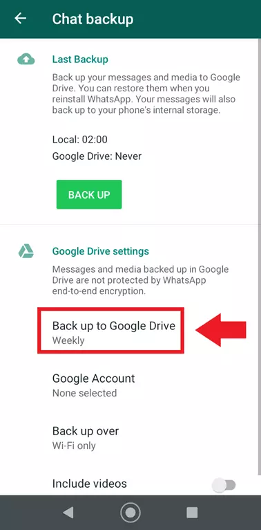 Option WhatsApp « Sauvegarder dans Google Drive » (créer une sauvegarde)