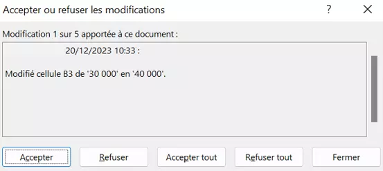 Boîte de dialogue : « Accepter ou refuser les modifications » dans Excel