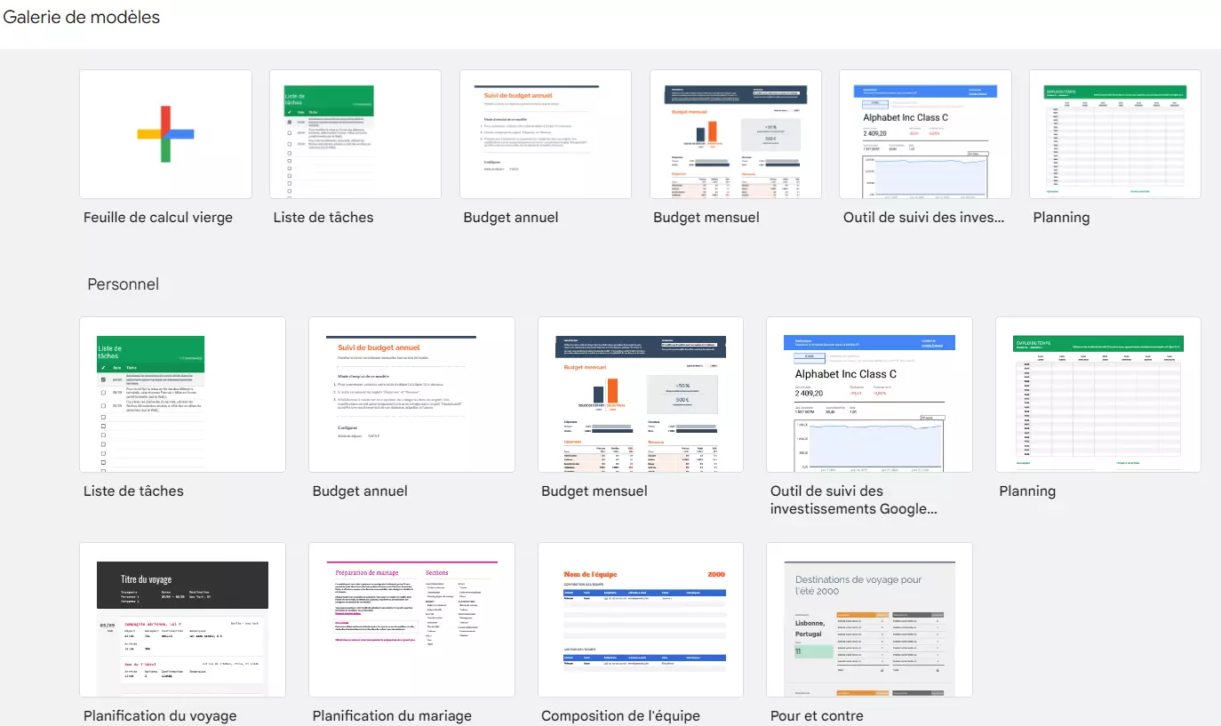 Capture d’écran de la galerie de modèles de tableaux de Google Sheets