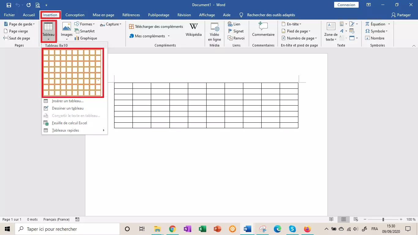 Option « Insérer un tableau » pour créer un tableau sous Word à l’aide du curseur