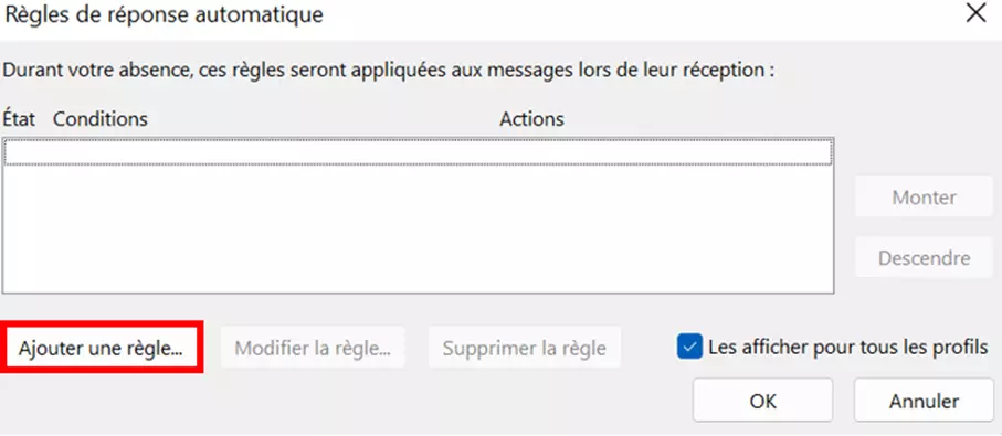 Fenêtre permettant de définir des règles pour les réponses automatiques dans Outlook