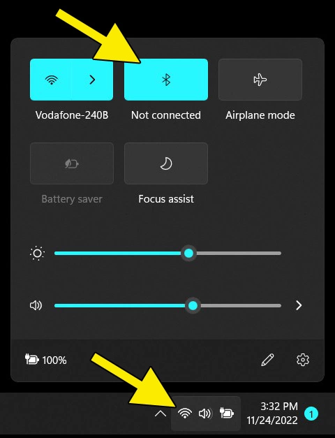 Paramètres réseau avec Bluetooth via l’icône réseau dans la barre des tâches