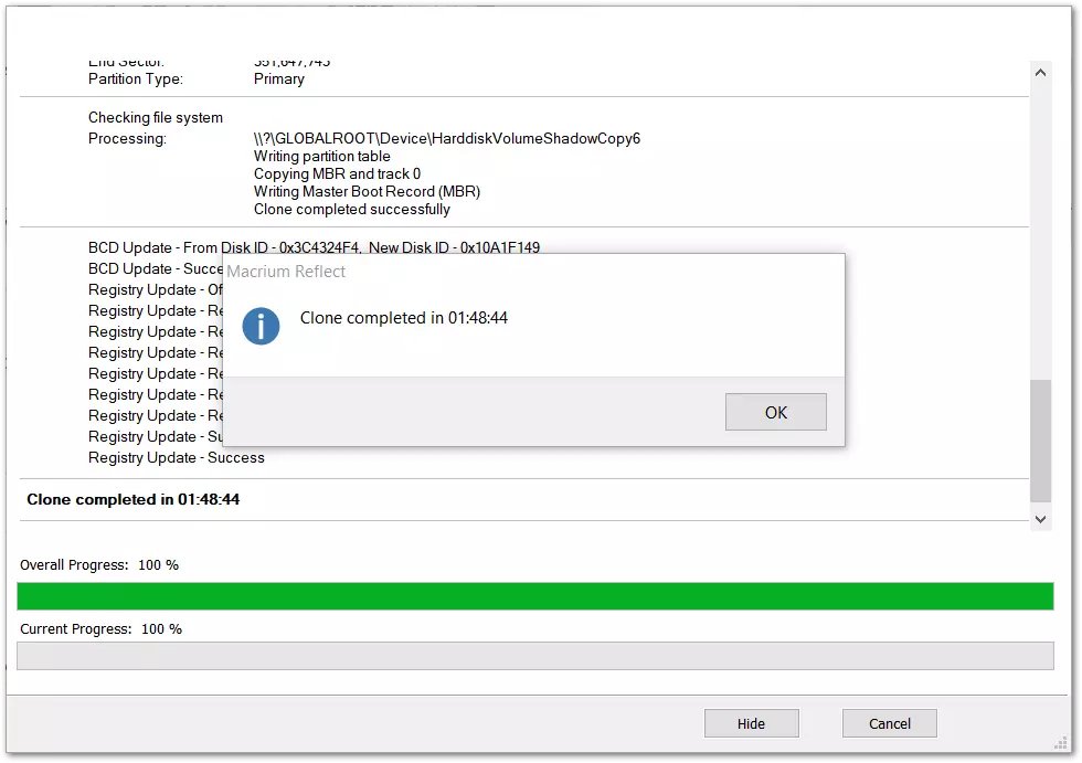 Macrium Reflect : fin du processus de copie