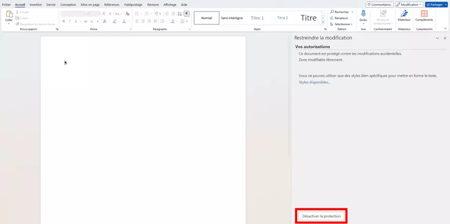 « Désactiver la protection » dans Word