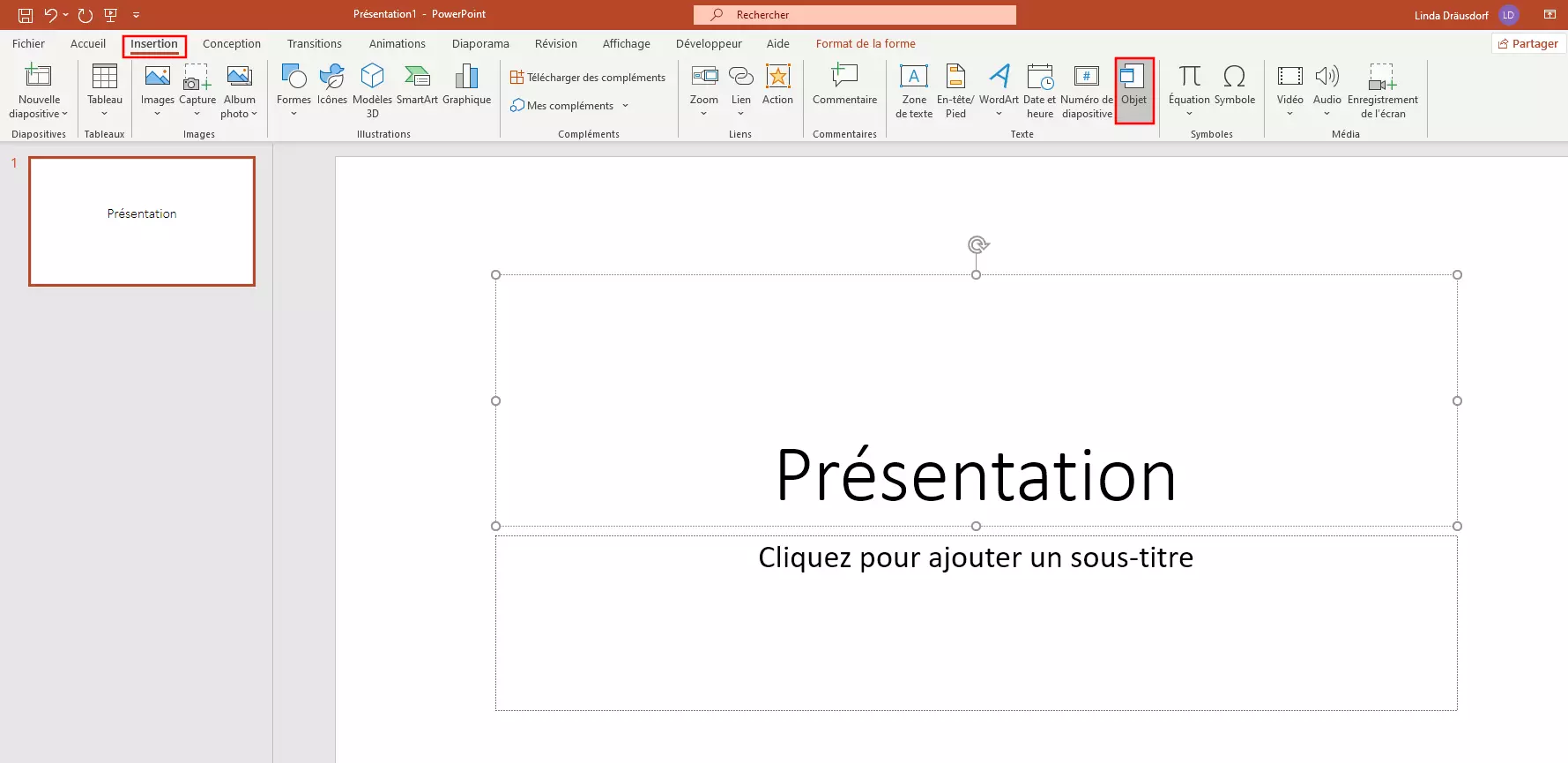 PowerPoint : l’icône « Objet » dans le menu