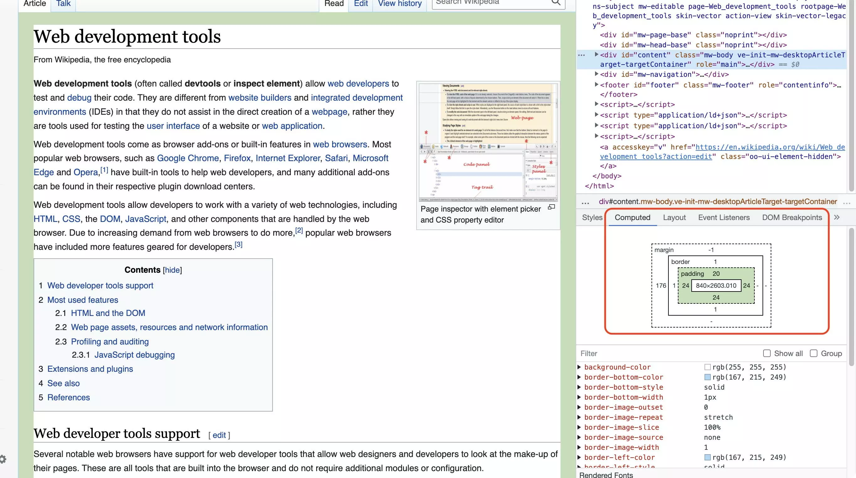 Propriétés CSS calculées de l’élément analysé