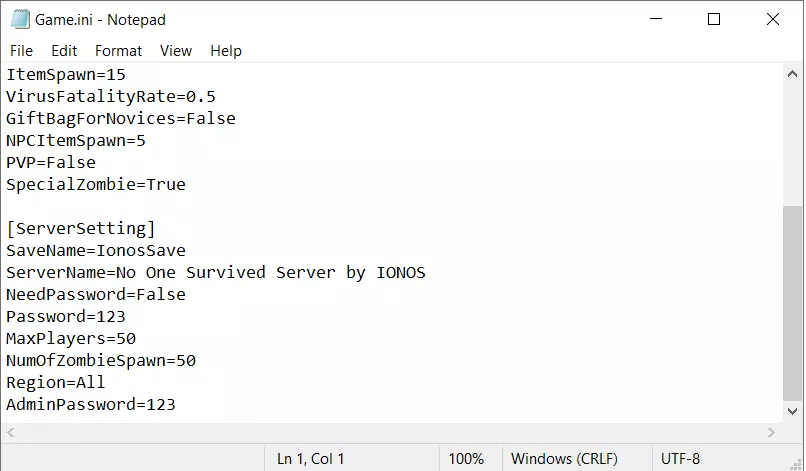 No One Survived : fichier de configuration du serveur Game.ini