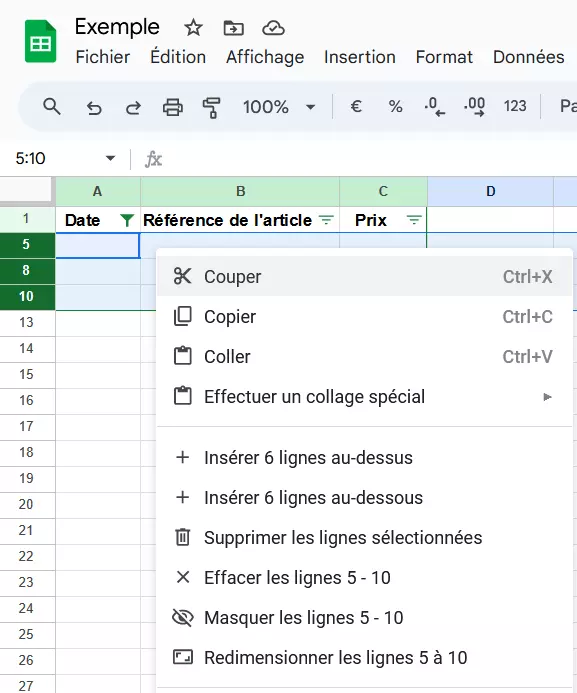 Capture d’écran du menu déroulant dans Google Sheets