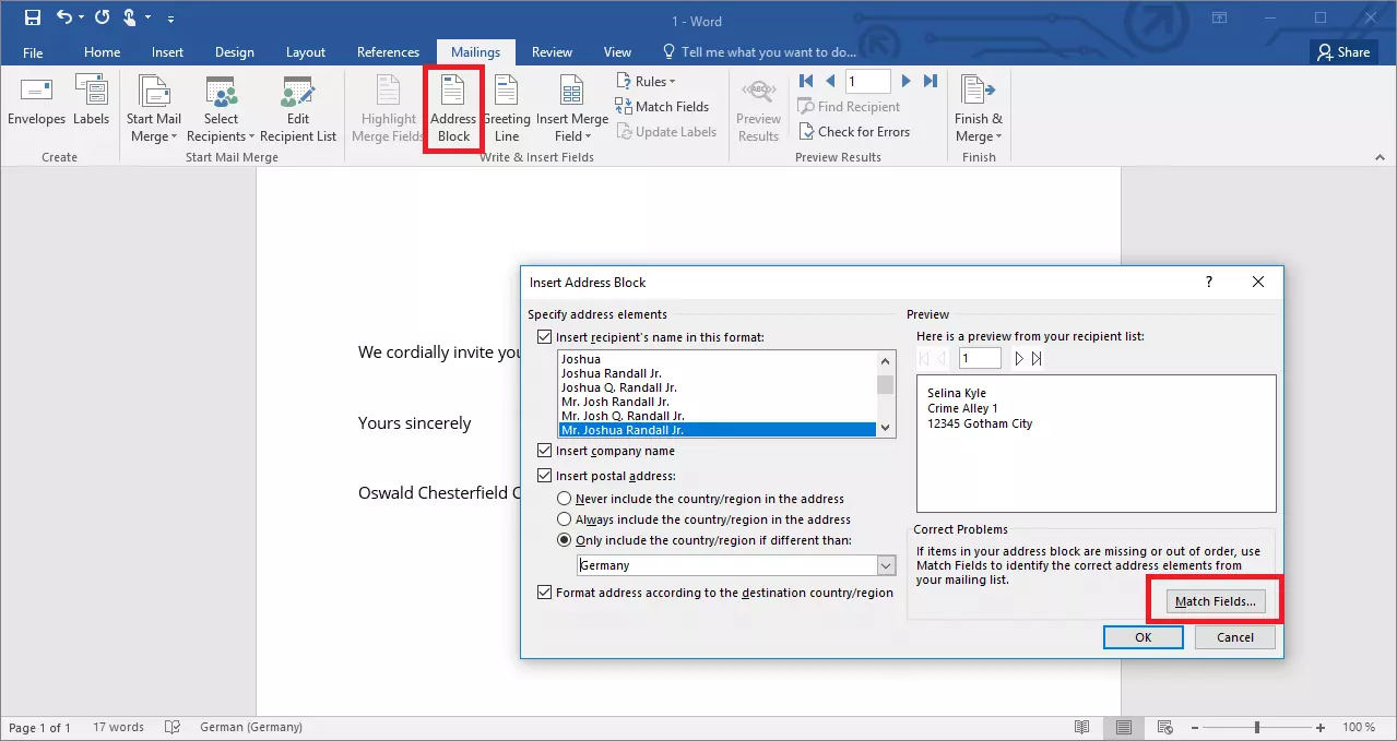 Bouton « Bloc d’adresse » pour la configuration d’un publipostage dans Word 