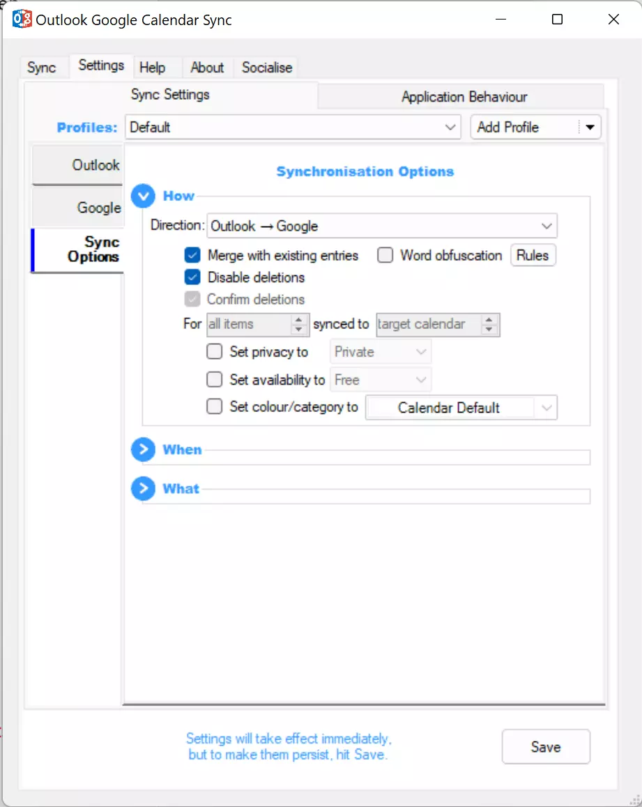 Outlook Google Calendar Sync : options de synchronisation