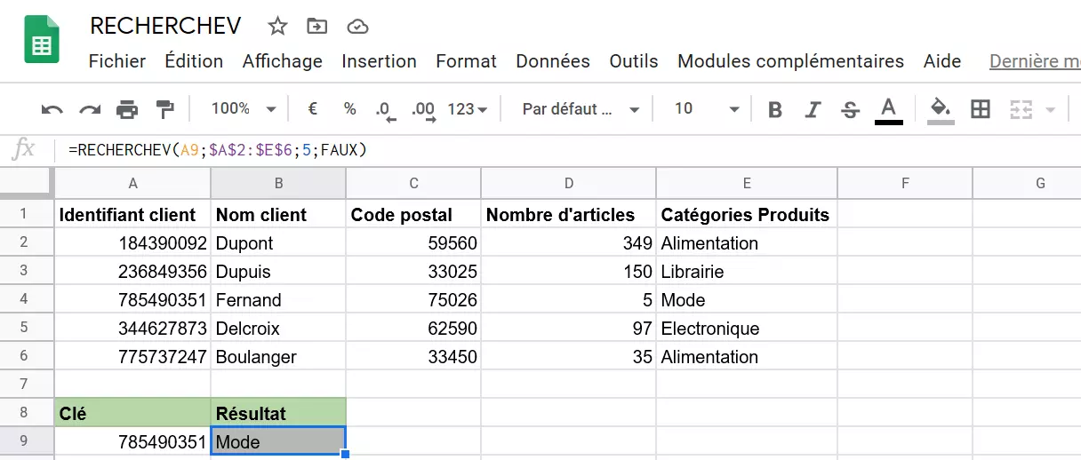 Résultat VLOOKUP dans Google Sheets