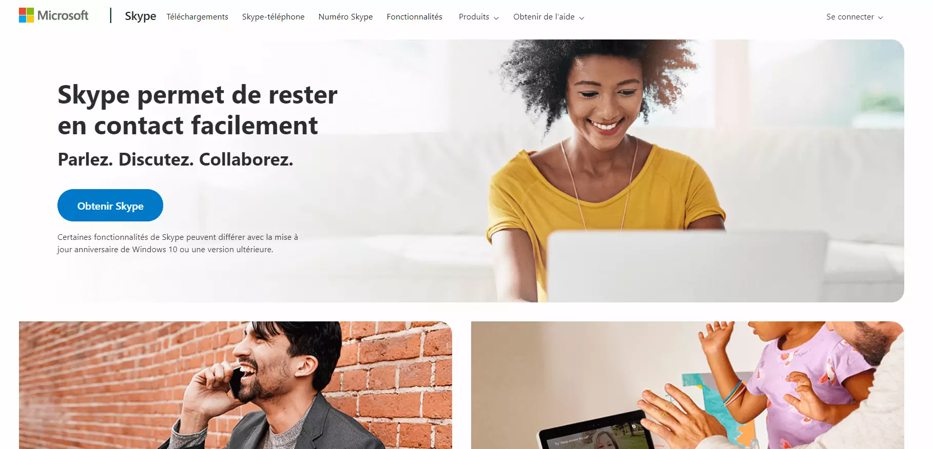 Capture d’écran de la page d’accueil du site Internet de Skype