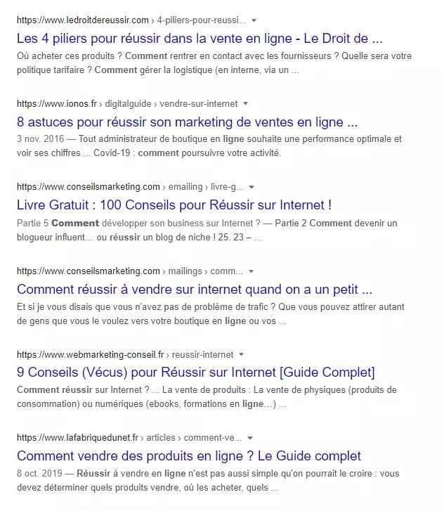 Page de résultats Google pour la requête “Comment réussir en ligne”