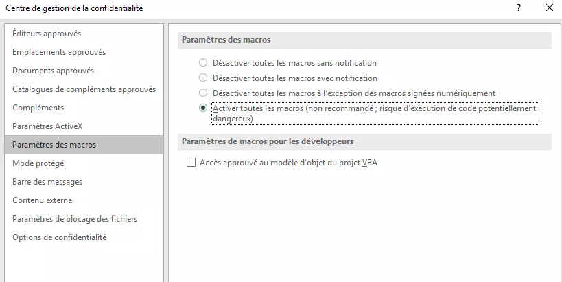 Centre de gestion de la confidentialité : configuration pour les macros