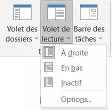 Bouton « Volet de lecture » avec options de configuration dans l’onglet « Affichage »