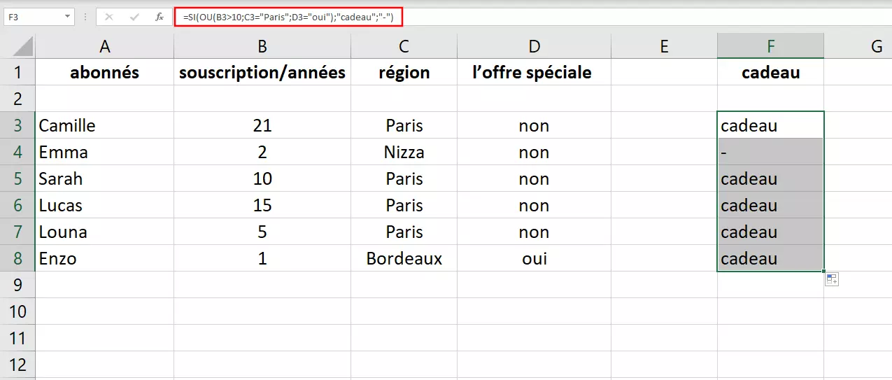 Cas pratique d’application de la fonction OU