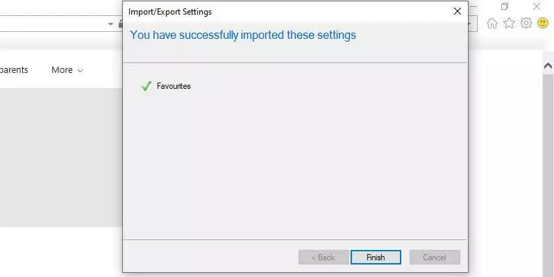 Importation des favoris dans Internet Explorer : message de confirmation de réussite