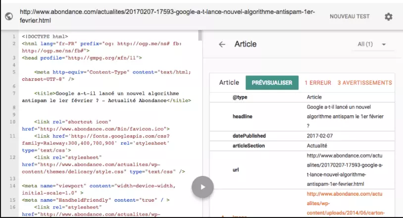 Outil de test des données structurées de Google après validation : exemple d’un cas comprenant 3 erreurs