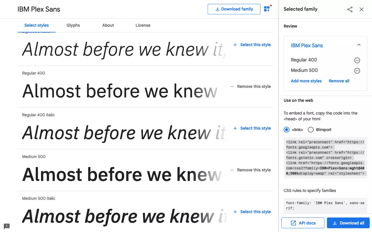 Différentes variations de police dans Google Fonts