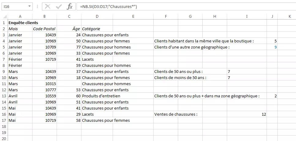 Tableau Excel avec la fonction NB.SI.