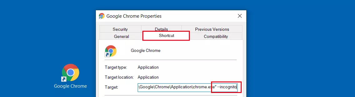 Propriétés du raccourci Chrome sur le bureau