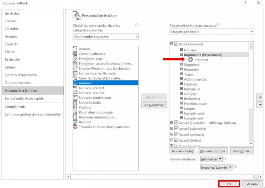 Fenêtre « Options Outlook » avec un nouveau groupe et la commande « Imprimer »