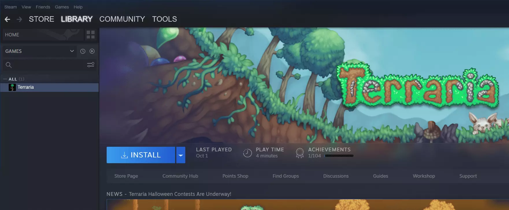 Terraria dans la bibliothèque Steam