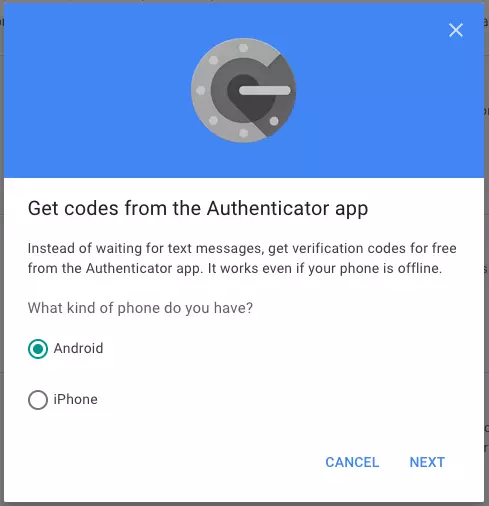 Configuration de l’application Google Authenticator : sélectionner un smartphone