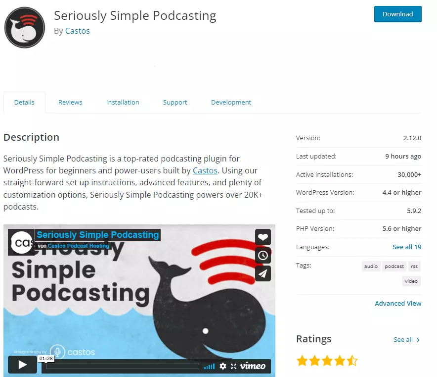 Description du plugin Seriously Simple Podcasting proposé par WordPress