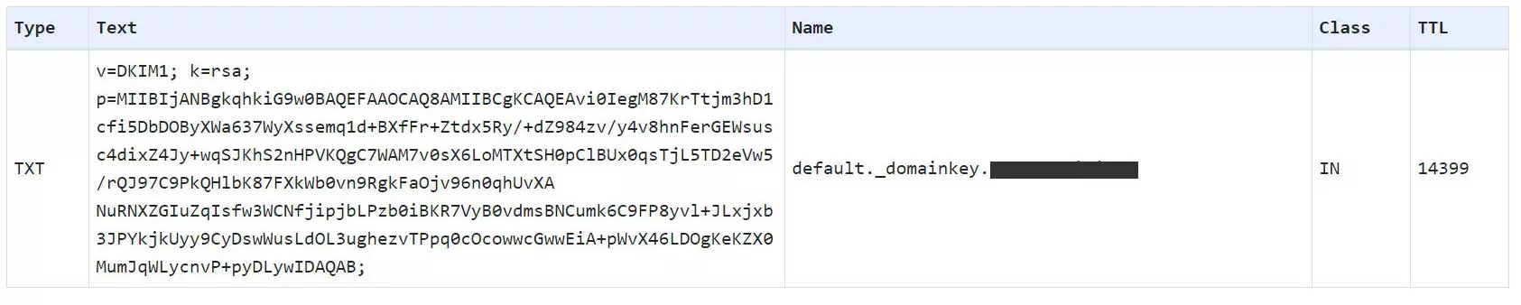 Capture d’écran d’un enregistrement DKIM