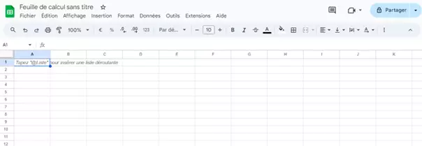 Capture d’écran d’un tableau Google Sheets vide