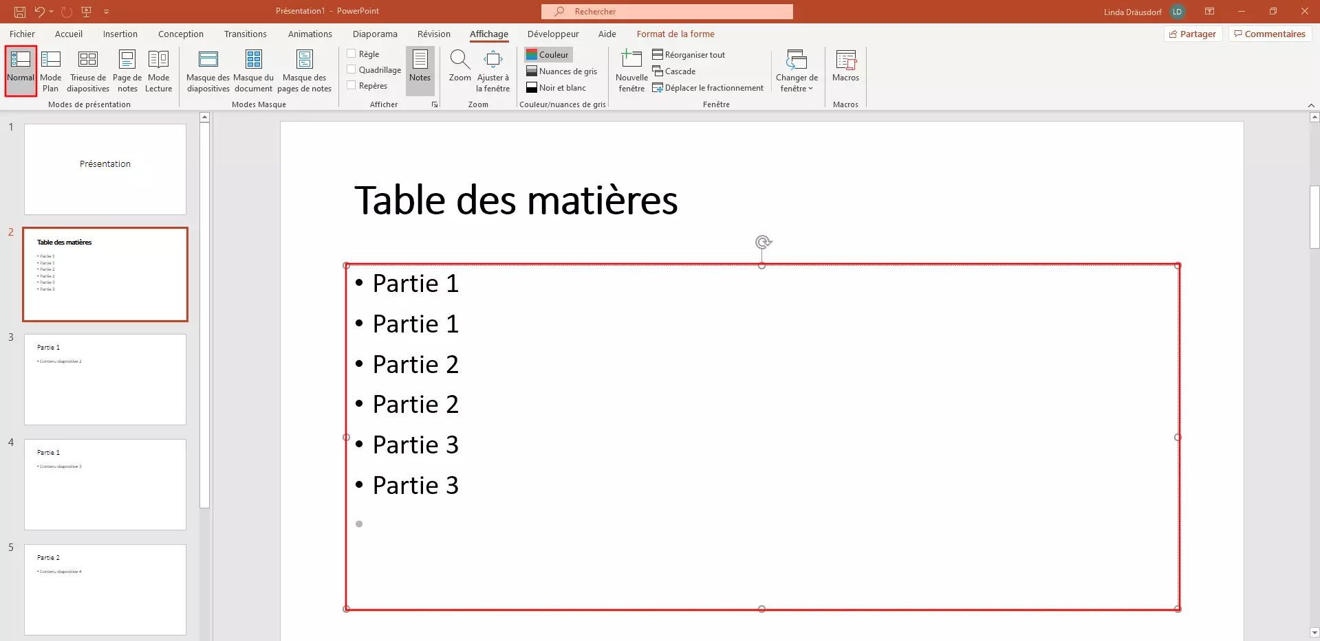 PowerPoint : compléter la table des matières