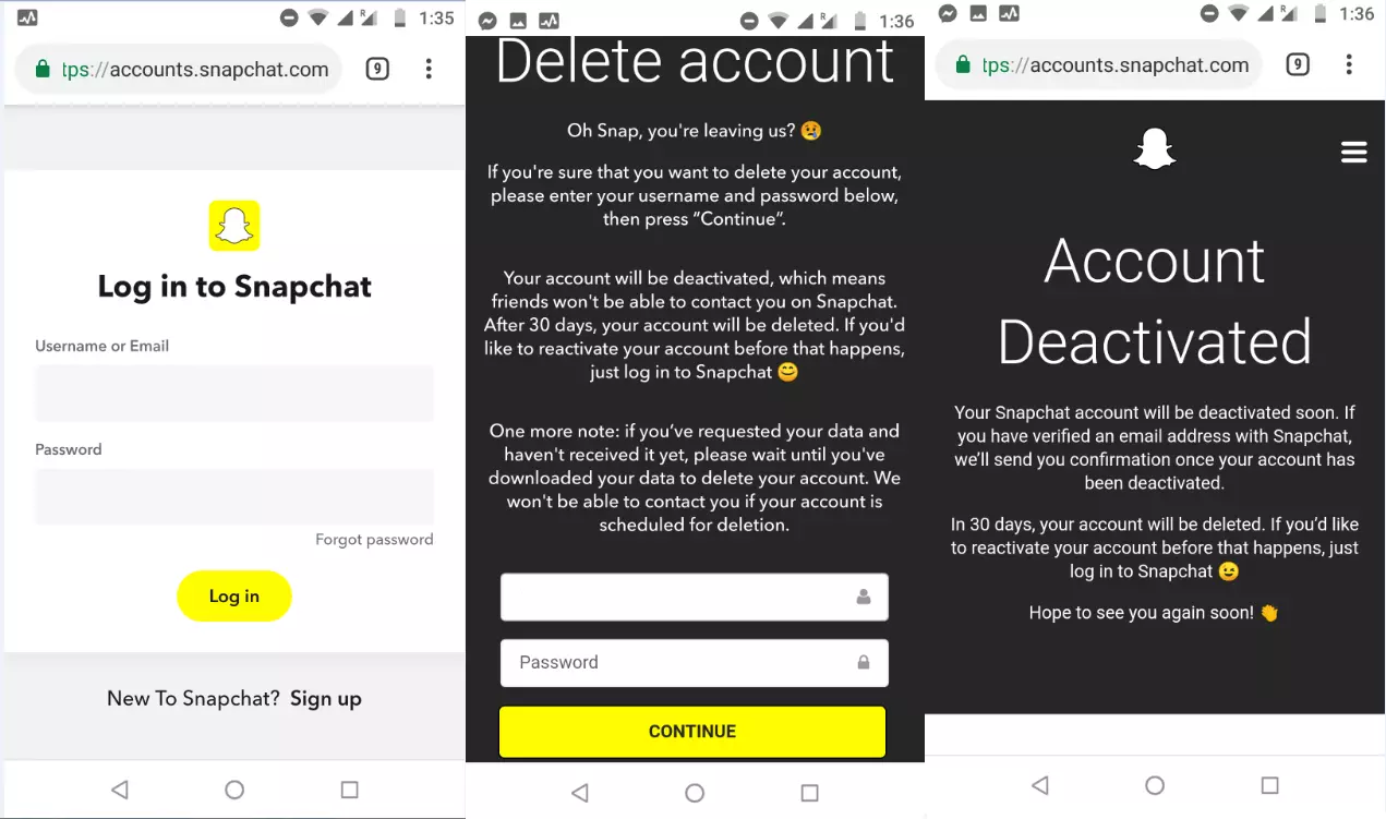 Version anglaise de la page de suppression de compte Snapchat via URL