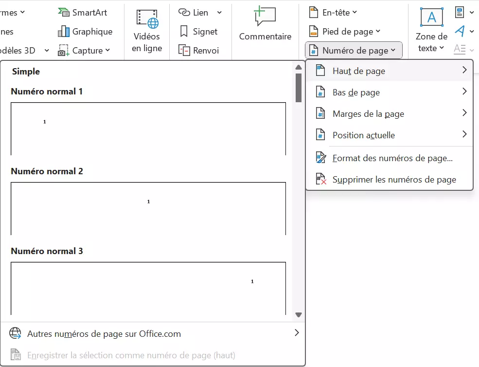 Définition de la position et l’orientation des numéros de page Word