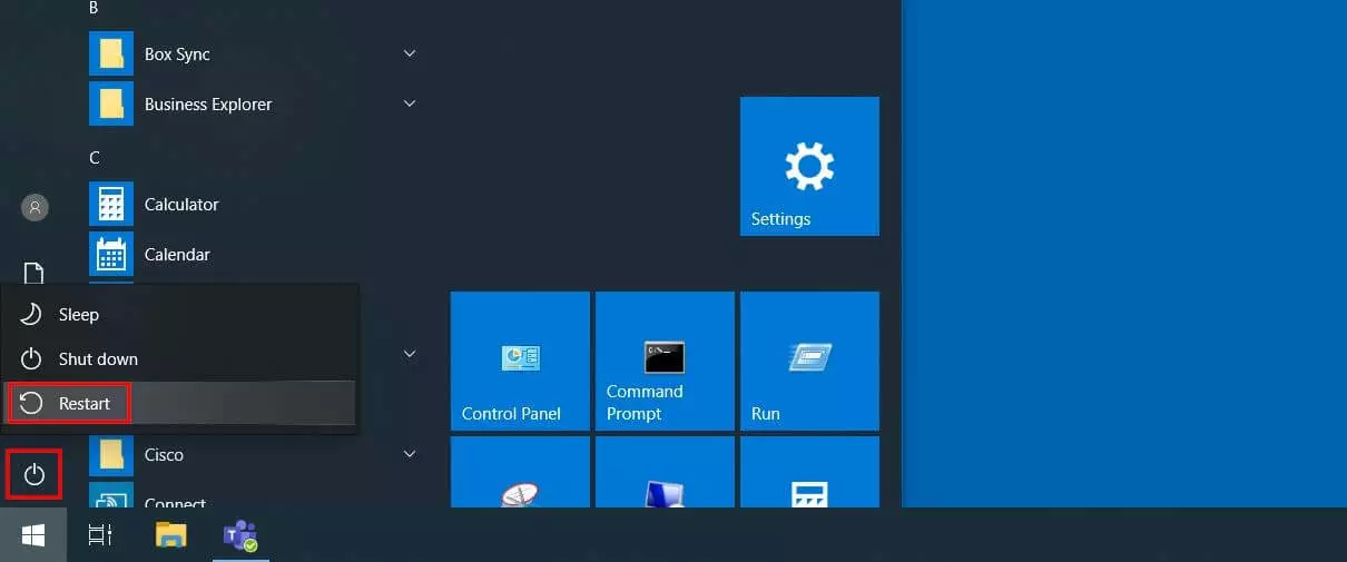 Redémarrer l’ordinateur sous Windows 10.