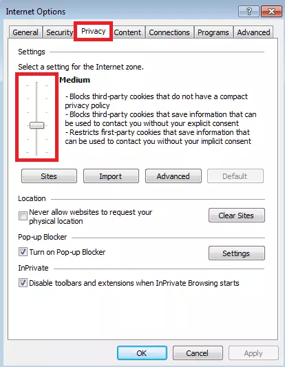 Internet Explorer : fenêtre Options Internet et Paramètres des cookies.