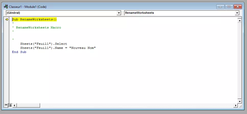 Code de la macro RenameWorksheets