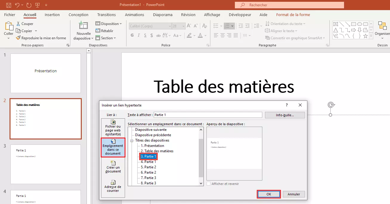 Connecter la table des matières PowerPoint au contenu : boîte de dialogue « Insérer un lien hypertexte »