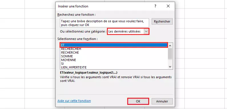 Boîte de dialogue « Insérer une fonction » de la fonction ET dans Excel