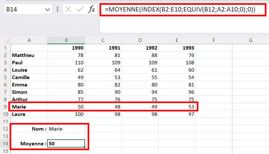 Combinaison de INDEX, EQUIV et MOYENNE dans un tableau Excel