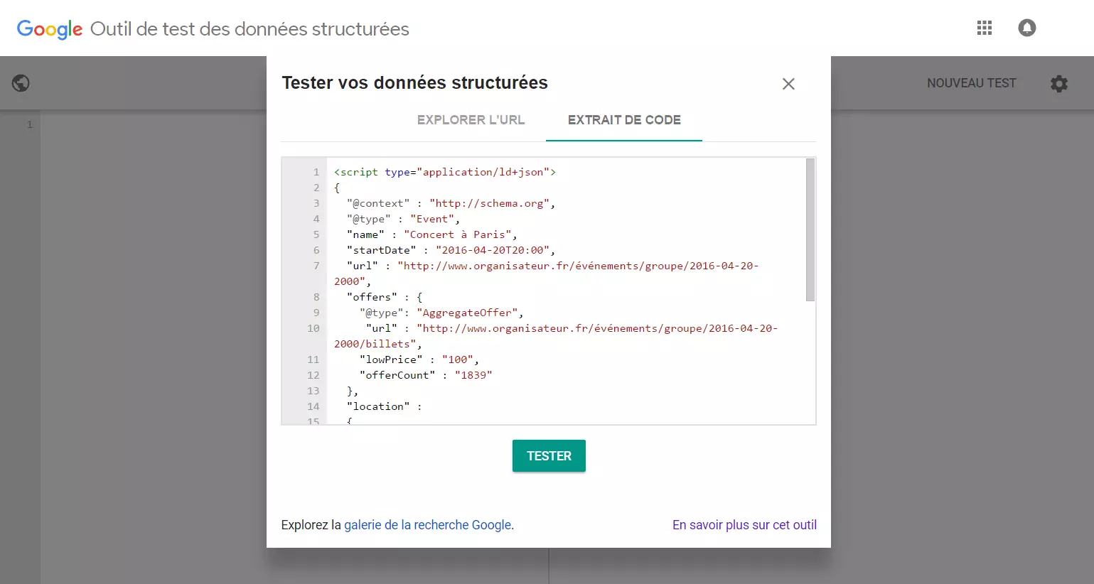 Outil de test des données structurées de Google pour du code JSON-LD