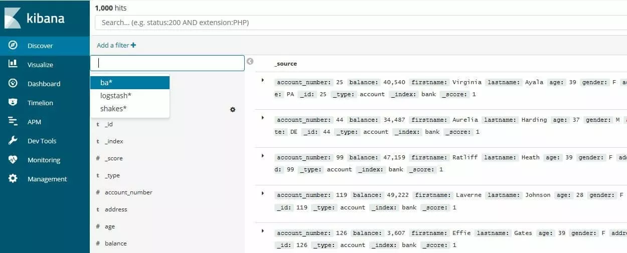 Kibana : liste des entrées d’un exemple d’ensemble de données