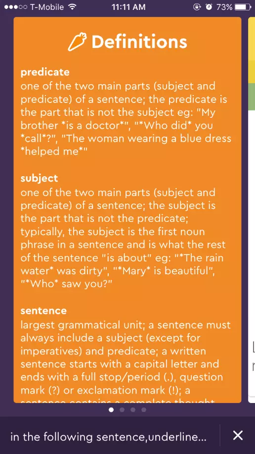 Capture d’écran de l’application Socratic avec les définitions en anglais d’un verbe, d’un sujet d’une phrase