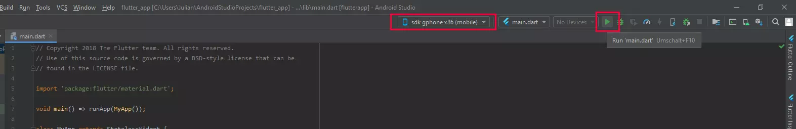 Tutoriel Flutter : interface de sélection d’un appareil de test virtuel dans Android Studio