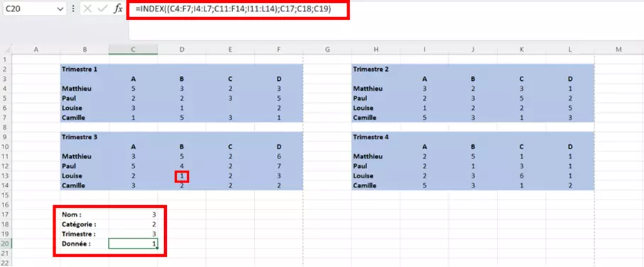 Excel INDEX avec différents tableaux